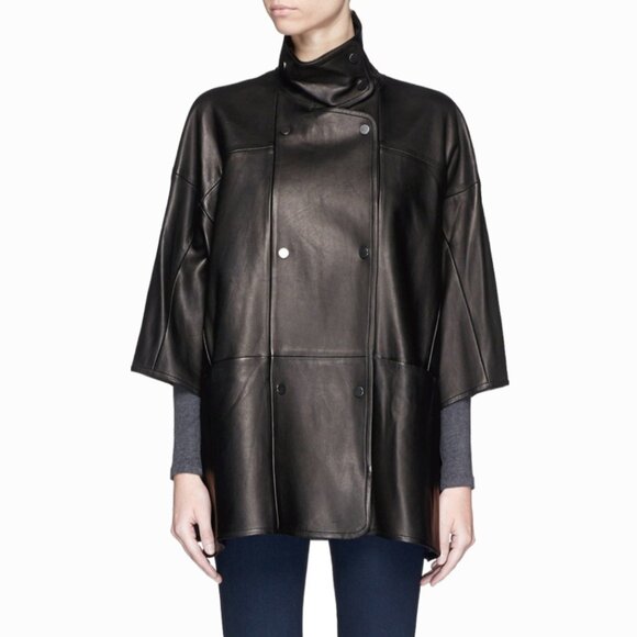 VINCE XS/S Black Lambskin Leather Cape Gilet Poncho Jacket Coat
